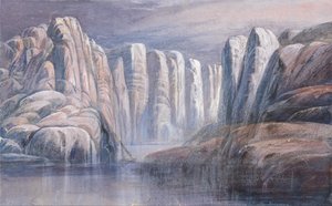 River pass, between barren rock cliffs by Edward Lear