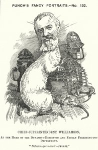 Punch cartoon: Adolphus Williamson, British police officer and first head of the Detective Branch of the Metropolitan Police by Edward Linley (after) Sambourne