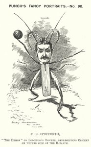 Punch cartoon: Fred Spofforth, Australian cricketer by Edward Linley (after) Sambourne