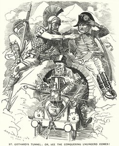 Punch cartoon: completion of the St Gotthard railway tunnel beneath the Alps by Edward Linley (after) Sambourne