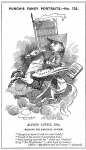 Alfred Austin British poet laureate from 1896. Cartoon by Edward Linley Sambourne in the Fancy Portraits series in Punch, London, 3 March 1883, when Austin became editor of National Review. Engraving.