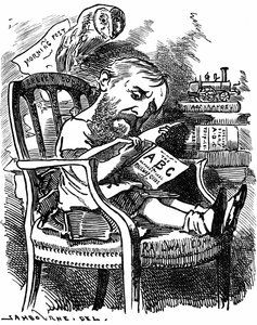 Evelyn Ashley English author and Liberal politician: son of 7th Earl of Shaftesbury. Cartoon by Edward Linley Sambourne in the Fancy Portraits series from Punch London April 1881 when Ashley was under-secretary at the Board of Trade. by Edward Linley Sambourne