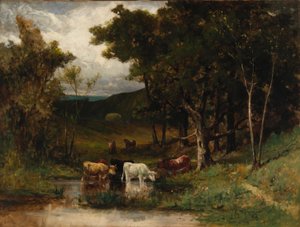 Untitled (landscape with cows in stream near trees)