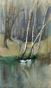 Untitled Wood Scene with Birch Trees and Ducks by Edward Mitchell Bannister