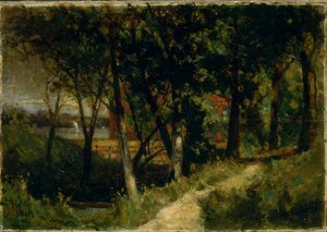 Untitled landscape, forest scene with red fence and building, 1893 by Edward Mitchell Bannister