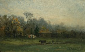Untitled landscape with man plowing fields, n.d. by Edward Mitchell Bannister
