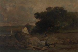 Untitled Landscape with Rocks, Man and Sailboats by Edward Mitchell Bannister
