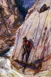 Railway surveyors carrying out precarious work on the route of a mountain railway