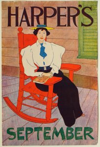 Young Woman Seated in Red Rocking Chair, September Harper