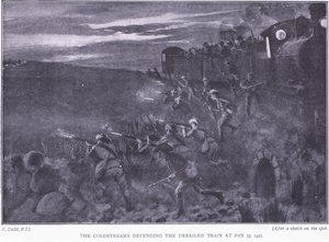 The Coldstreams defending a derailed train (illustration from After Pretoria: The Guerilla War, 1902) by Edward Read