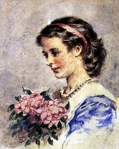 Young Girl with a Bunch of Pink Flowers by Edward Tayler