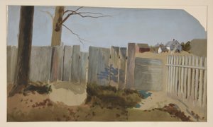 Country Scene: Fence, Field, Farmhouse in Distance by Edwin Austin Abbey