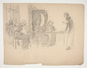 Early study for Stony Ground 1884, interior with figures by Edwin Austin Abbey