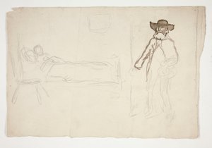 Figure in bed, man entering room - unidentified illustration by Edwin Austin Abbey