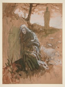Figure in woods - unidentified illustration by Edwin Austin Abbey