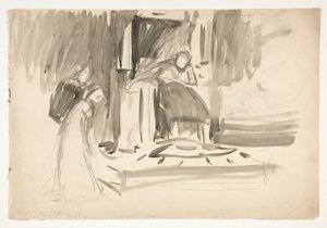 Figure on throne, flanked by two figures, sketch for an unidentified Shakespeare play