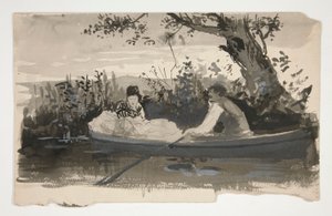 Man and Woman in Rowboat, Near Riverbank by Edwin Austin Abbey