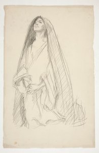 Sketch of a cloaked female figure in prayer for Three Marys at the Cross by Edwin Austin Abbey