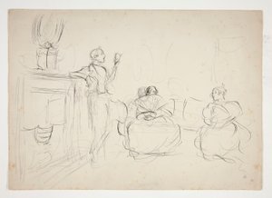 Sketch of an Interior: Man Reading Aloud, Women Knitting - Unidentified Illustration by Edwin Austin Abbey