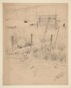 Sketch of an old dock, with weeds growing up around it
