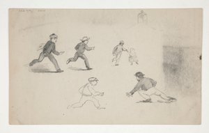 Three Studies (men with horses, study of head) (recto); Six Studies of Running Figures, Study of a Bell Tower (verso) by Edwin Austin Abbey