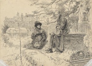 Two figures in a churchyard by Edwin Austin Abbey