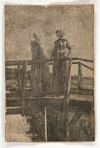 Untitled Wood Engraving by E.A. Abbey (?) of Two Ladies on a Wooden Footbridge - Illustration for William Black by Edwin Austin Abbey