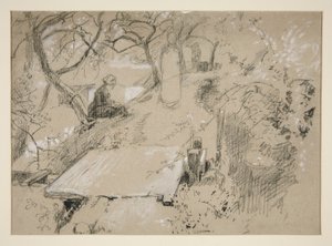 Woman Seated on Bench in a Garden or Public Park - Unidentified Illustration by Edwin Austin Abbey
