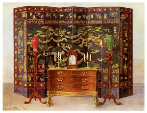 Curved Commode Table and Chinese Lacquered Eight Fold Screen