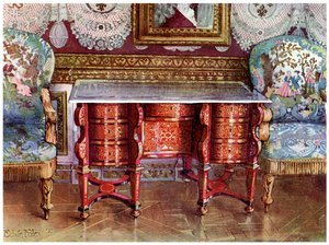 Kneehole writing table and gilt fauteuils
