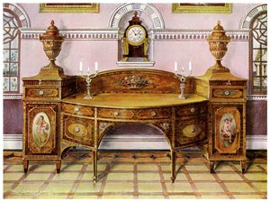 Painted and Inlaid Satinwood Sideboard and Mahogany Bracket Clock