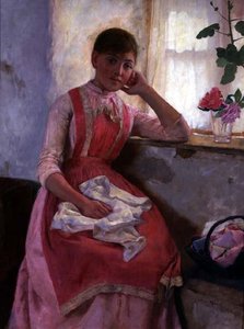Portrait of a girl in a pink apron by Edwin Harris