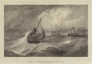 Freshening Gale, Scarborough, Fishing-Boats Returning to Harbour, in the Royal Academy Exhibition by Edwin Hayes