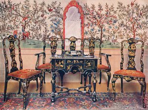 Black Lacquer Settee, Chairs and Table, Red Lacquer Mirror. Wall-Paper at Wotton-under-Edge