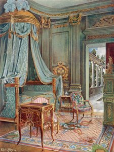 Carved and Gilt Draped Domed Bed. Bureau-Toilette (Or Petit Secretaire) in Marqueterie. Cartonnier in Green Lacquer by Edwin John Foley