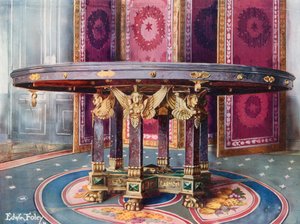 Circular Table of Various Marbles, with Chased Gilt Mounts. Folding Screen of Carved and Gilt Wood with Silk Panels