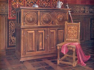 Oak Cabinet, with Circular Convex Panels, Incised Arabesque Ornament. Walnut Chair, with Interlaced Ornament