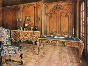 Panelled Room: French--Style of the Regence. Carved Oak Chair. Ormolu-Mounted Mahogany Writing-Table. Ormolu-Mounted Bombe Commode, by Charles Cressent