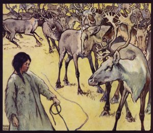A Lapp Girl with Herd of Reindeer