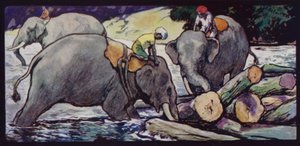 Elephants Handling Logs in River