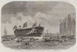 Launch of HM Screw Steam Ship of War the Royal Sovereign, 131 Guns, at Portsmouth by Edwin Weedon