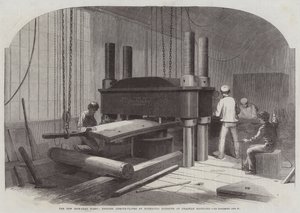 The New Iron-Clad Fleet, bending Armour-Plates by Hydraulic Pressure at Chatham Dockyard