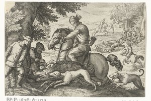 Hilly Landscape with Wild Boar Hunt by Egbert Jansz.