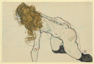 Crouching Female Nude with Blonde Hair and Resting Left Arm