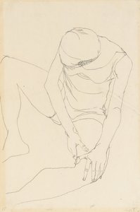 Female Nude Bent Forward, Both Hands on the Left Thigh by Egon Schiele