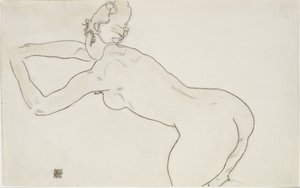 Female nude kneeling and bending forward to the left