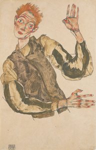 Self-Portrait with Striped Sleeve Protectors by Egon Schiele