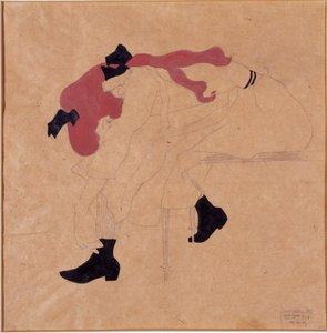 Young Girl with Black Ribbon in Red Hair, Putting Her Shoes On by Egon Schiele