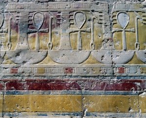 Ankh, Hieroglyphic sign of life, Djed, pillar-like symbol, and Uas, sign of scepter, painted reliefs, Chapel of Hathor, Mortuary Temple of Queen Hatshepsut, Deir el-Bahri, Thebes, Egyptian civilization, New Kingdom, Dynasty XVIII