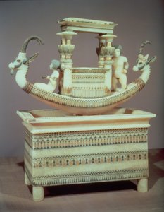 Chest with a boat decorated with two heads of a Syrian ibex and two female figures thought to be Princess Mutnedjmet, from the tomb of Tutankhamun
